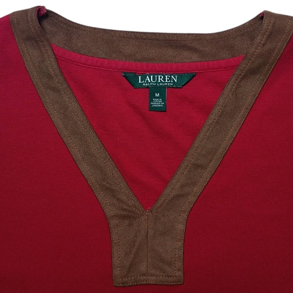 Lauren Ralph Lauren Women’s Red Pullover Sweater M Faux Suede Trim Cozy Classic - Picture 4 of 11